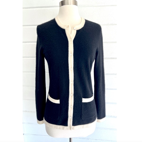 CHARTER CLUB 100% Cashmere Crew Neck Button Cardigan Black w/ Ivory Trim - S - Picture 1 of 9
